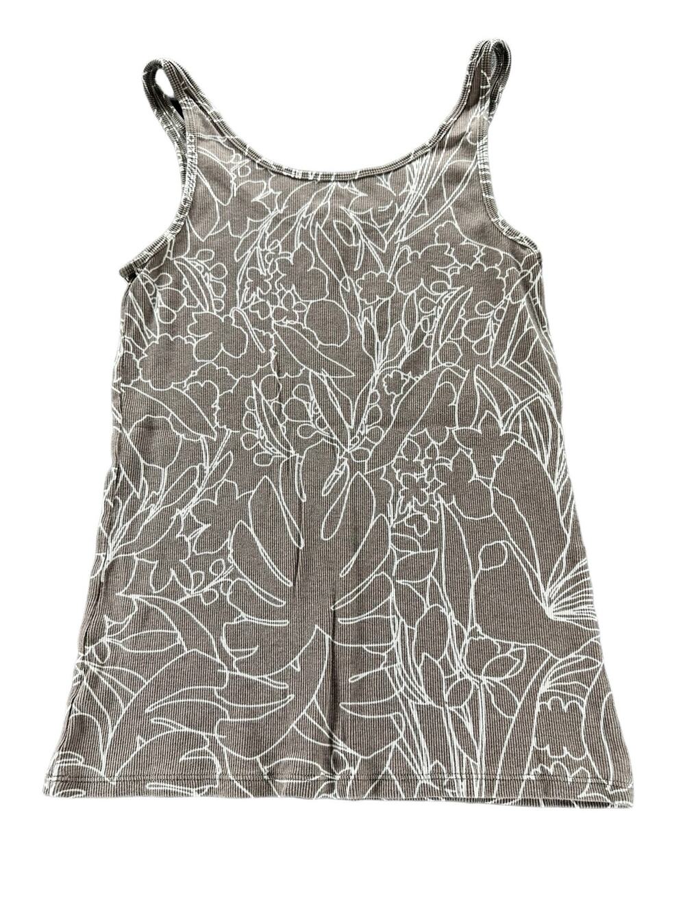 New York & Company Tan White Floral Ribbed Knit Sleeveless Tank Top Size large